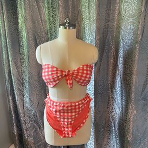 AERIE: Orange & White Gingham Bandeau Bikini Set